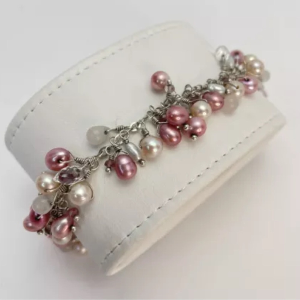 Sterling Silver & Pearls 7.5" Bracelet Laura Gibson Breast Cancer Awareness - Picture 5 of 7